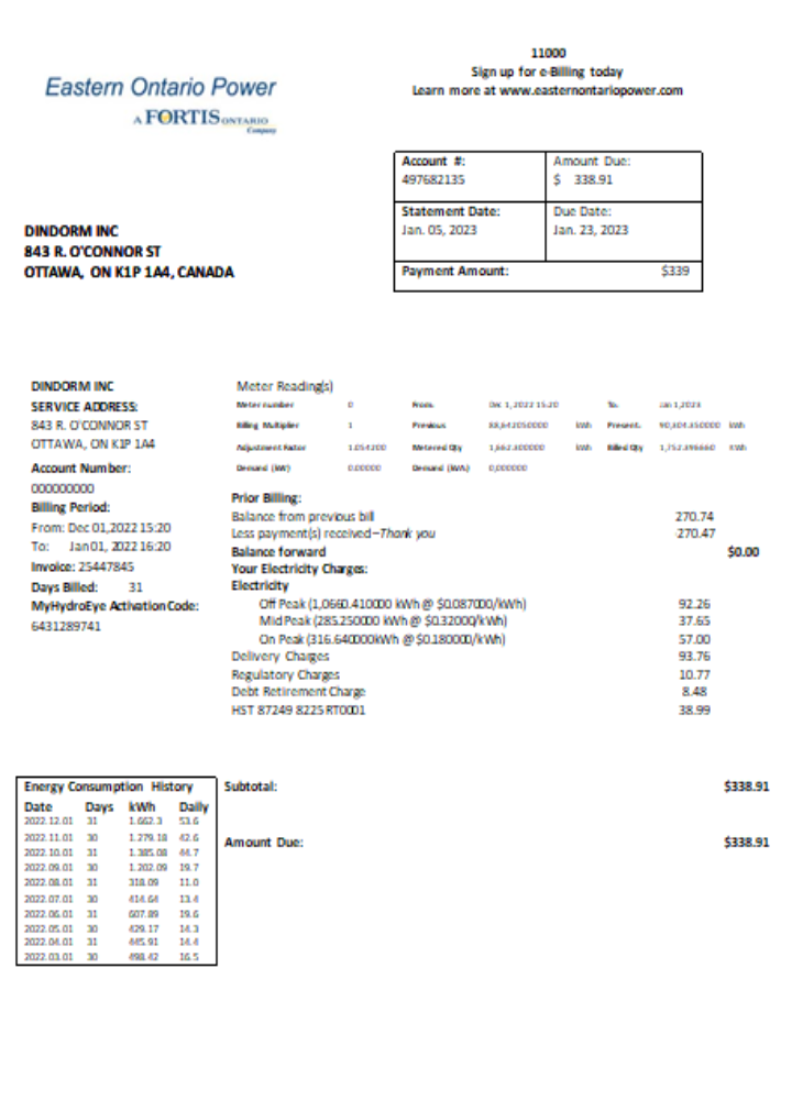 Eastern Ontario Power utility business bill, SCR PSD template